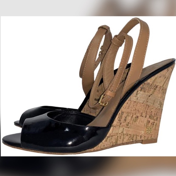 Tory Burch Ashton Patent Cork Wedge Sandals Heels - Picture 2 of 13